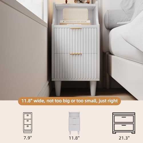Image of Narrow Nightstand Set of 2,11.8 inch Fluted Bedside Table Set of 2, Slim Side End Table with 2 Drawers, Wooden Bedside Table, White Wood Night Stand for Bedroom Livingroom Sofa Office