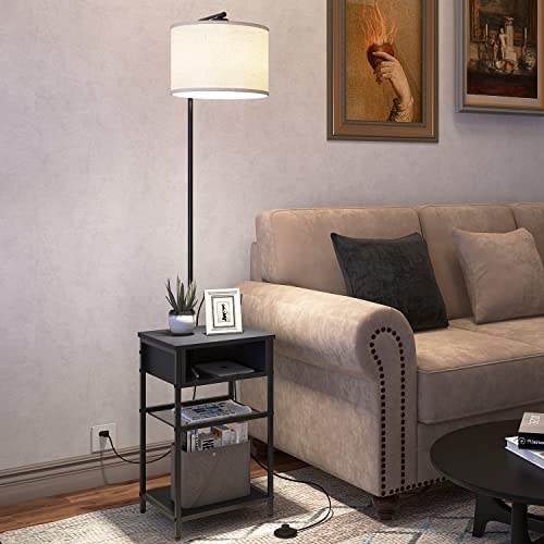 Floor Lamp with End Table Attached, Sofa Side Table Lamp with Storage Shelf, Lamp and Table Combo with Drawer and Linen Shade, Bedside Nightstand with Floor Light for Living Room Bedroom Office