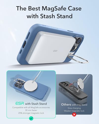 Image of ESR for iPhone 16 Pro Case, Silicone Case with Stand, Compatible with MagSafe, Military-Grade Protection, Built-in Camera Stash Stand, Magnetic Phone Case for iPhone 16 Pro, Cloud Series, Light Blue