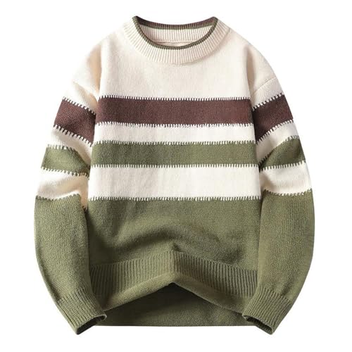 Men's Sweater Color Block Striped Round Neck Knit Pullover Loose Fit Base Layer Top for Men