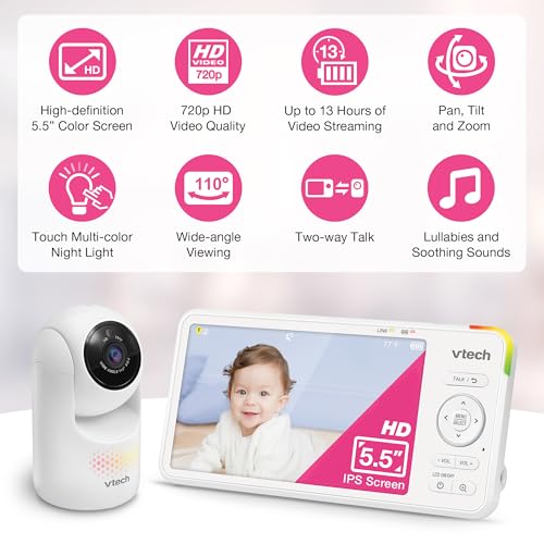 Image of VTech Video Baby Monitor No WiFi, 5.5-Inch HD IPS Screen, Remote Pan Tilt Zoom Camera, Night Light, 5000mAh 19H Battery, 1000ft Range, Night Vision, 2-Way Talk, Temperature Sensor | Advanced HD Plus