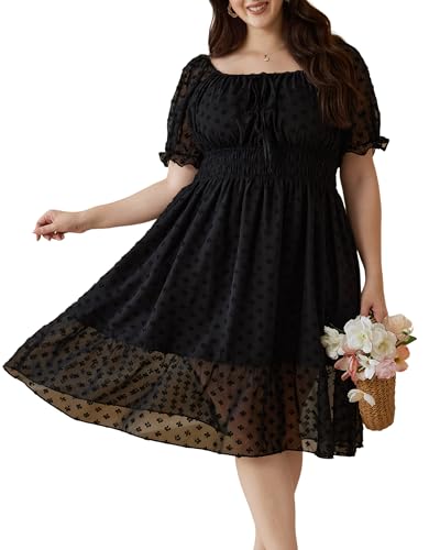 2025 Women Summer Plus Size Dresses Swiss Dot Puff Sleeve Square Neck Smocked Beach Vacation Flowy Tiered Dress