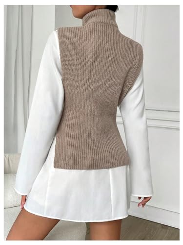 Image of Verdusa Women's Split Belted Sweater Vest High Neck Sleeveless Pullover Top Khaki Small