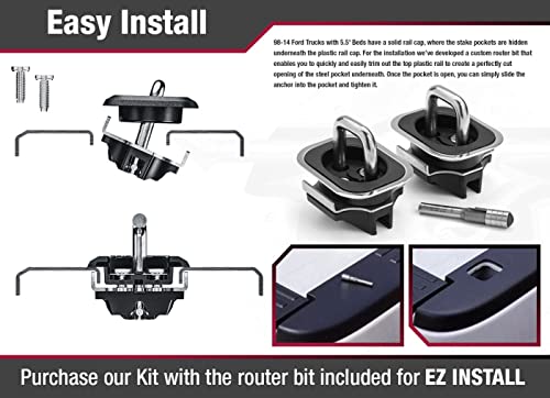 Bull Ring Ford Shorty Low Profile Retractable Truck Bed Tie Down Anchors Compatible With '98-14 Ford F150 With 5.5′ Bed, 10-14 Ford Raptor With Router Bit (1 Pair) #TOP3