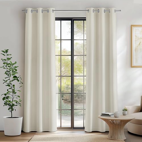 Image of FMFUNCTEX 100% Blackout Curtains for Bedroom, Beige Curtains 84 Inches Long Textured Thermal Insulated Curtains for Living Room Drapes, Black Out Drapery Grommet Room Darkening 2 Panels, 40 inch W x 84 inch L