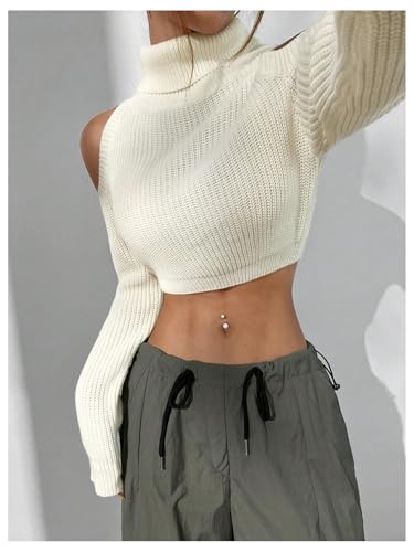 Image of MakeMeChic Women's Turtleneck Cold Shoulder Sweater Long Sleeve Knit Crop Sweaters White Large