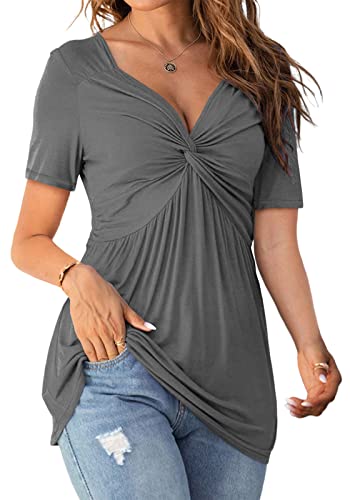 Image of Tankaneo Womens Front Knotted V-Neck Blouse T Shirt Short Sleeve Oversized Tunic Tops Summer Solid Pullover Tees
