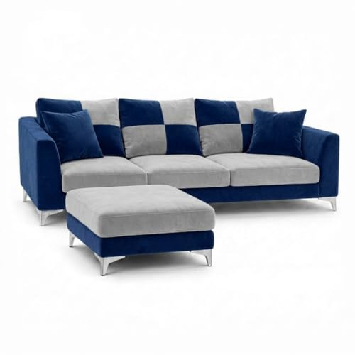 Image of Romeo Rich 4 Seater L Shape Sofa Set with Movable Ottomans | Flexible Layout | Velvet Suede Fabric | Golden Aesthetic Legs | Dual Tone Modern Sofa for Living Room (Dark Blue-Light Grey)