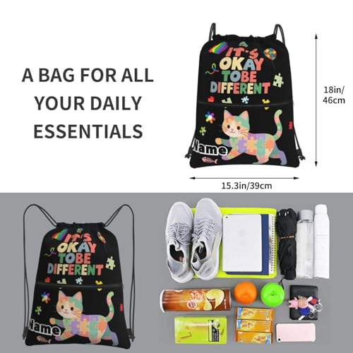 Custom Name Drawstring Backpack - Personalized Autism Awareness Sport Gym Sackpack String Bag with Zipper Pocket for Beach School Travel,​Cat3