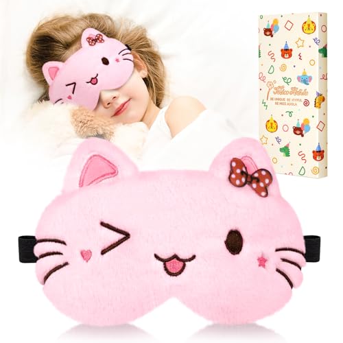 Miss Adola Sleep Mask for Kids - Cute Cartoon Plush Fuffy Sleeping Eye Cover Cat Kawaii Soft Eyeshade with Adjustable Strap Animal Eye Blindfold for Kids Girls Boys Teens