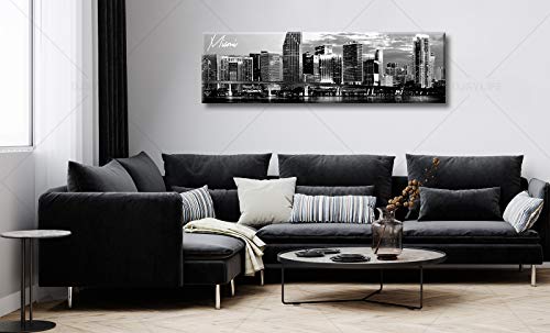 Image of DJSYLIFE Miami Skyline Wall Art Decor Panoramic Cityscape Picture Modern USA City Night View Canvas Prints for Bedroom Office Living Room Decoration Stretched and Framed Ready to Hang 13.8 inchx47.3 inch