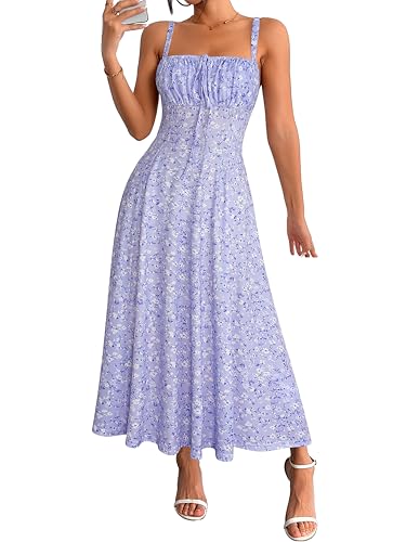 Image of YATHON Women's Summer Midi Corset Boho Dresses Spring Casual Floral Spaghetti Straps Lace Up Dress Flowy Aline Beach Sundress