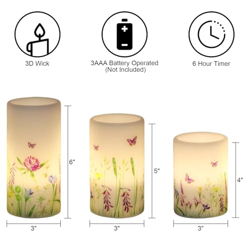 Image of Butterfly Spring Flameless Candles with 6 Hour Timer Real Wax Battery Operated LED Flickering Pillar Candles Dinner Holiday Home Decor(3 Pack, 3 inch D x 4 inch, 5 inch, 6 inch H)