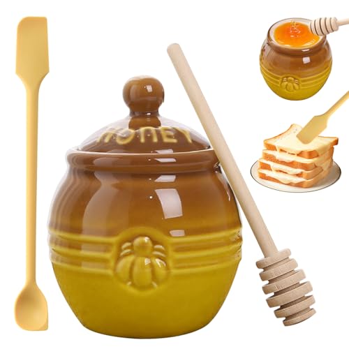 Dzmuero Dispensador de Miel, Cuchara para Miel, Tarro de Miel de Cerámica de 250 ml con Cuchara, Cuchara para Mermelada, Espátula para Mantequilla, Dispensador de Miel de Cerámica (Amarillo)