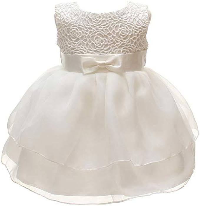 Meiqiduo Baby Girls Dresses Christening Wedding Pageant Bow Formal Dress Ivory White
