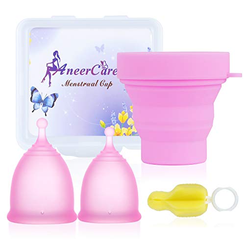 Aneercare Menstrual Cup Set Foldable Cleaning Cup, one Small and Large Menstrual Cup, with PP Storage Box and Cleaning Brush (Pink)