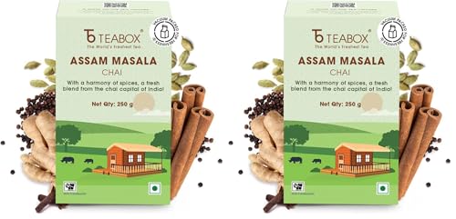 Image of Teabox Fresh & Strong Assam Masala Chai | Strong Assam CTC enriched with Cardamom, Cinnamon, Clove, Ginger, Black Pepper | 250 Grams (Pack of 2)