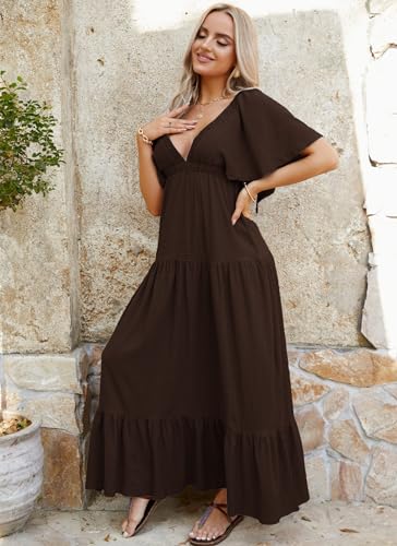 Image of Kikibell Women Summer Dresses Sexy V-Neck Maxi Dress Tiered Silhouette with Flutter Sleeve Backless Elastic Waist Flowy Dress
