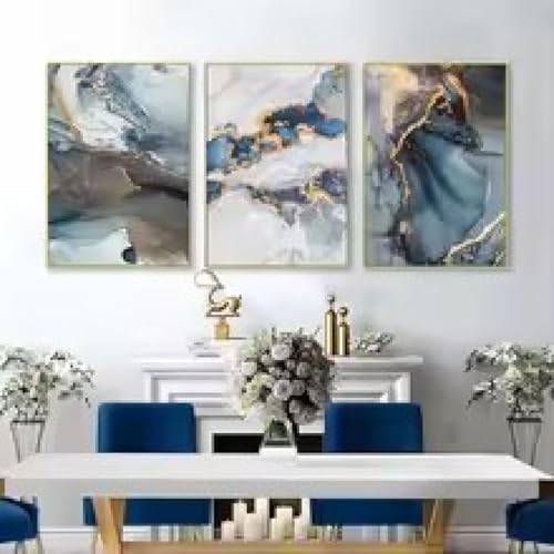Art peinture marbre bleu triptyque avec cadre de décoration - 3