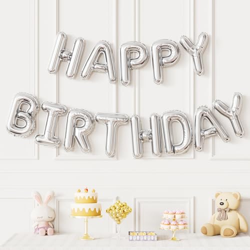 Image of Happy Birthday Balloon Banner, 16 Inch Silver Happy Birthday Foil Balloons, Silver Hbd Balloons Letter Mylar Balloon, Birthday Sign Party Decorations for Women Men Boys Girls