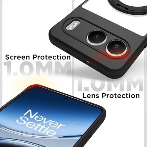 Image of RIGGEAR Shockproof Sleek Hybrid Armor 360 Rotating Magnetic Ring Stand Back Cover Case Compatible with MagSafe Accessories for OnePlus Nord 4 5G (Clear PC + Black TPU Bumper)