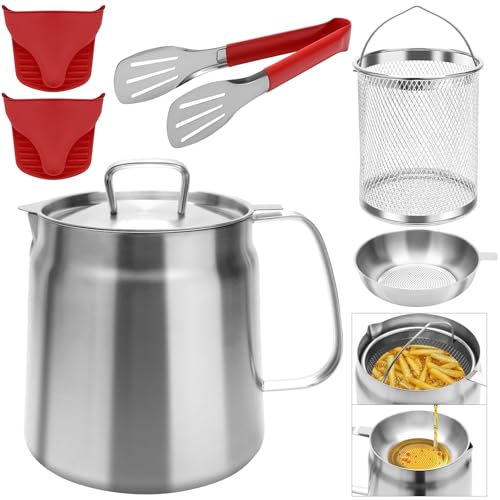 Zhaoyao 68OZ 304 Stainless Steel Oil Filter Pot Multi-Function Oil Strainer Pot Large Capacity 2 in 1 Oil Strainer Pot with Frying Basket Silicone Oven Mitts and Food Tongs for Kitchen Camping