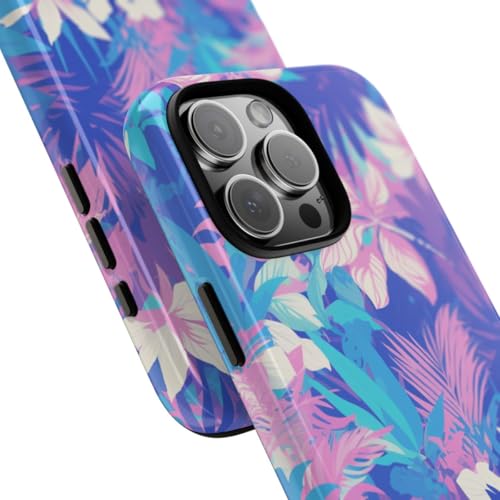 Coque iPhone 16 Pro Max rigide motif floral tropical violet et cyan