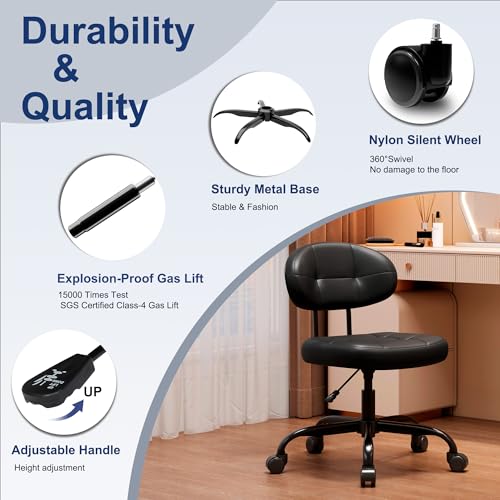 Image of Misolant Vanity Chair with back, Small Armless Cute office Chair with wheels and Lumbar support, Comfy PU Leather Desk Computer Chairs with Adjustable Height, 360Swivel for Home Bedroom Office, Black