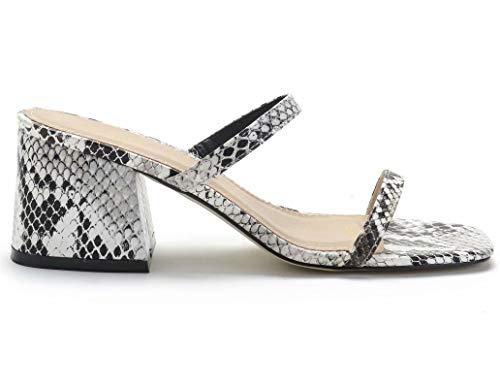 Comeshun Women Low Block Heels Mules Open Toe Ankle Strap Sandals Two Band Square Toe Pumps White Snake Prints Size 9 #TOP1