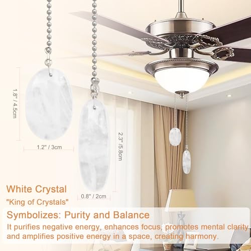 Image of LEFERS Ceiling Fan Pull Chain, 2 Pieces Natural Gemstone Pendants with 12 inch Ceiling Fan Chain Extender and Connector (White Crystal)
