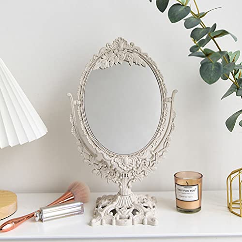 Artibetter Travel Makeup Mirror Vintage Makeup Mirror Tabletop Retro Makeup Desk Mirror Retro Elegant Embossed Double- Sided Princess Mirror (Oval, Beige) Desk Makeup Mirror #TOP1