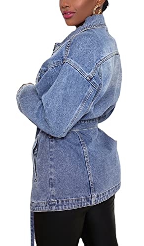 CHARTOU Women's Chic Lapel Collar Belted Button Down Washed Midi Denim Jacket Tops4
