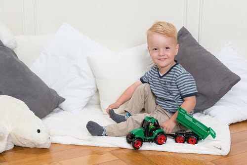 Lena Truckies Traktor mit Anhänger 38 cm, grün, Robustes Sandkasten Spielzeug mit abnehmbaren Anhänger, klappbare, Fahrerhaus, Kippmulde & Spielfigur, für Kinder ab 2 Jahren,