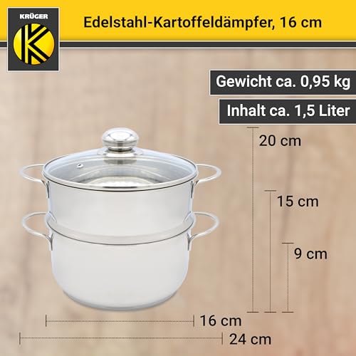Foto von Krüger Edelstahl-Kartoffeldämpfer mit Glasdeckel - Bio-Dünster mit praktischem Schüttrand & energiesparendem Kapselboden - Topf für wasserarmes Garen & fettarmes Braten (16 cm)