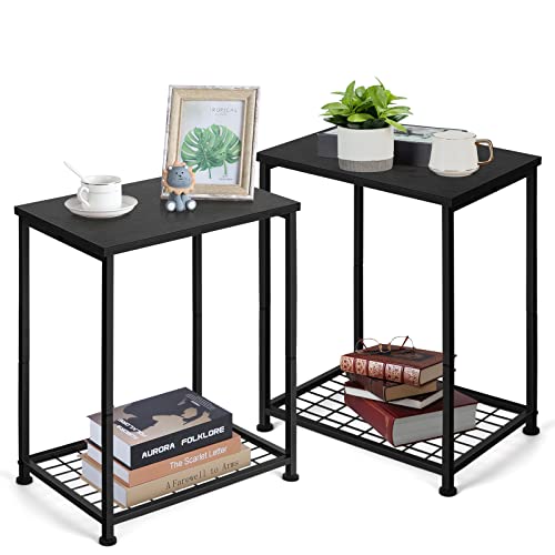 Nightstands Set Of 2 Black Side Table Living Room Small Narrow End Table With Storage For Small Spaces Industrial Metal Bedside Tables For Sofa Couch Bedroom Living Room Easy To Assemble #TOP26