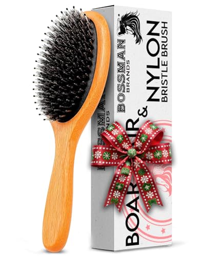 Bossman Men's Boar and Nylon Bristle Hair and Beard Brush - Detangling & Straightening Wooden Oval Wet Brush - Ergonomic Bamboo Design