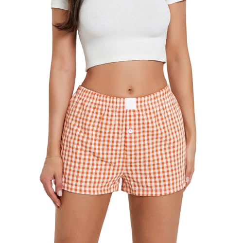 Image of Pivanzore Y2k Plaid Shorts for Women Casual Elastic Waist Aesthetic Lounge Bottom Baggy Pajama Shorts Boxers Sleepwear