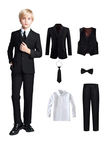 Yanlu Toddler Kids Suit Boy Slim Fit Tuxedo Wedding Ring Bearer Outfit Blazer Pants Vest Shirt Necktie and Bow Tie 6 Piece Black Kids Suits Size 8