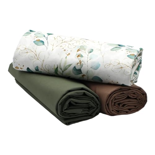 VmG-Store 1,5m Baumwollstoff Set Designstoff + 2x Uni farblich abgestimmt 100% Baumwolle Material Auswahl (Eukalyptus Weiß Set05)