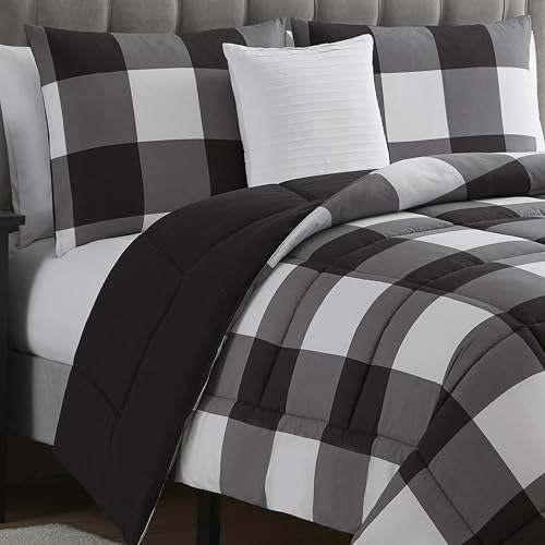 7 Piece Comforter Set Bag Solid Color All Season Soft Down Alternative Blanket & Luxurious Microfiber Bed Sheets, Queen, Buffalo Plaid Black/White