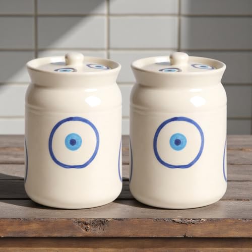 Image of Evil Eye-Shaped Ceramic Storage Jar Set - 2 x 2 KG (2000 ml) - Martban Pickle Container - Kitchen Storage for Pickle, Chutneys and Sauces - Durable, and Easy to Clean (Pack of 2) (Evil Eye)