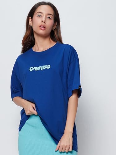 Image of Bewakoof X Garfield Garfield Women's 100% Cotton Graphic Print Oversized Fit Half Sleeve V-Neck T-Shirt | Casual wear | Streetwear | Oversized Tshirt for Woman Cotton| Baggy