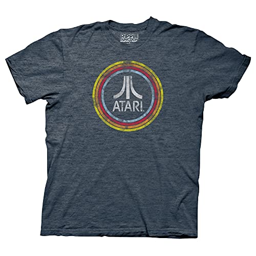 Ripple Junction Atari Men's Short Sleeve T-Shirt Distressed Classic Retro Fuji Logo in Circles Vintage Gaming Med HEA. Navy