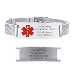 PJ JEWELLERY Personalised Women's Emergency SOS Bracelet - Customised Medical ID Bracelet With Free Engraved Mesh Wire Belt Buckle, Adjustable