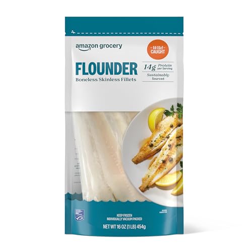 Amazon Fresh Brand, Wild Caught Flounder Boneless Skinless Fillet Portions, Frozen, Sustainably Sourced, 1 Lb