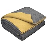 LYHome Manta Lana Merino - Plaid de Lana de Oveja para Viaje Militar Camping, Cubre para Sofa Cama, Mantas Sofas, Cobijas Calientes Invierno Verano (150 x 215 cm | Gris y Mostaza Doble-Cara)