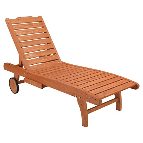 Rpuzonier Wooden Chaise Lounge, Outdoor Lounge Chair Recliner Patio Lounge Chair w/Adjustable Backrest, Slide-Out Side Table＆Wheels, Portable Sun Lounger Pool Chair for Garden