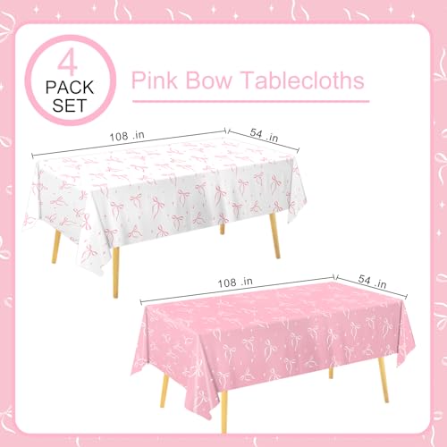 Image of QIYANPAX 4 Pack Pink Bow Tablecloth, Coquette Birthday Decorations, Bow Disposable Table Cover for Wedding Engagement Bridal Birthday Decorations, 54 x 108 Inch
