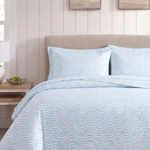 Image of Nautica - Sheet Set, Breathable & Cooling Microfiber Bedding with Matching Pillowcase, Deep Pocket, Fully Elasticized (Linearly Waves Ocean Breeze Blue, Twin)