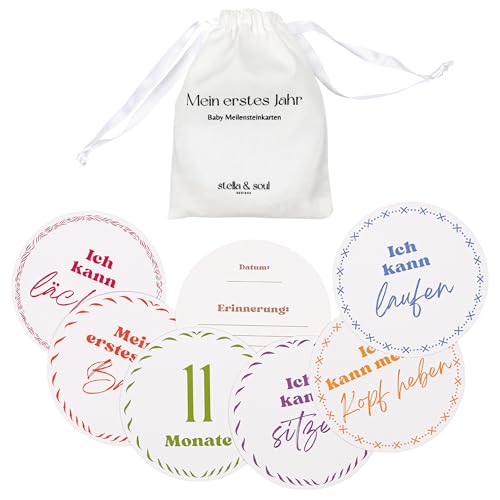Stella & Soul Lot de 35 cartes rondes pour la première année de bébé dans un sac en lin au design moderne comme cadeau de naissance, de fête prénatale et de grossesse